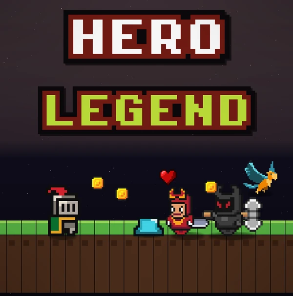 HeroLegend-Titelbild mit Ritter, Slime, Kriegerin, dunklem Ritter und Greif auf einer Wiese