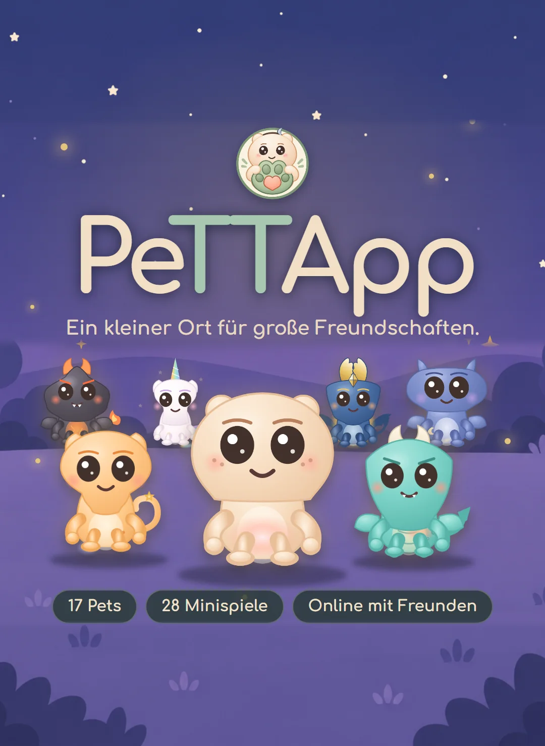 PeTTApp-Titelbild mit Mopsi-Emblem und sieben Pets