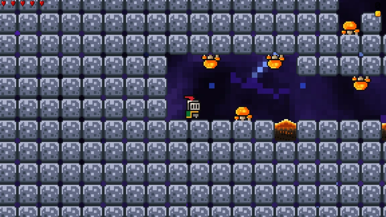 HeroLegend Level 2: der Ritter in einer Steinhöhle mit Pilzen und Lava