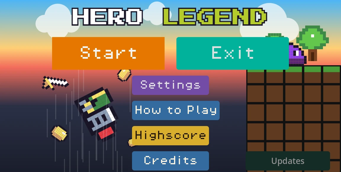 HeroLegend-Hauptmenü mit den Knöpfen Start, Exit, Settings, How to Play, Highscore, Credits und Updates