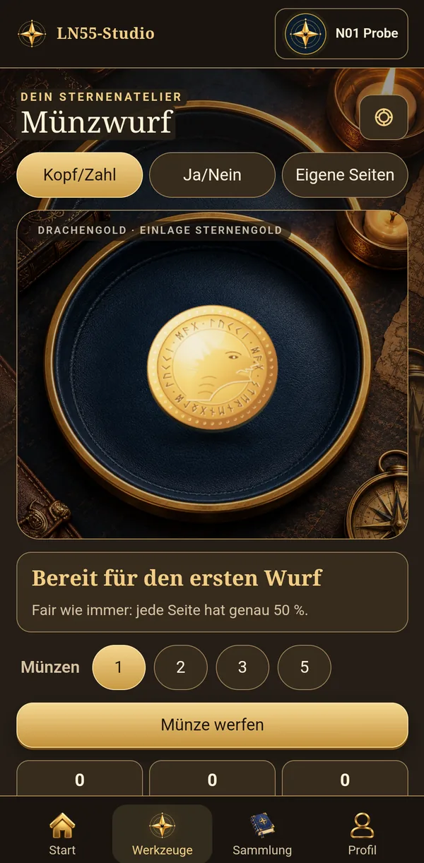 LuckyDayApp-Münzwurf mit goldener Drachenmünze in der Schale