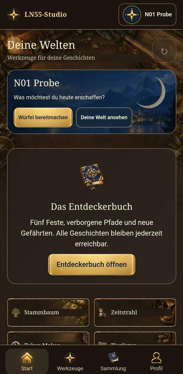 LuckyDayApp-Startseite „Deine Welten“ mit Probeprofil, Entdeckerbuch und Werkzeugkacheln
