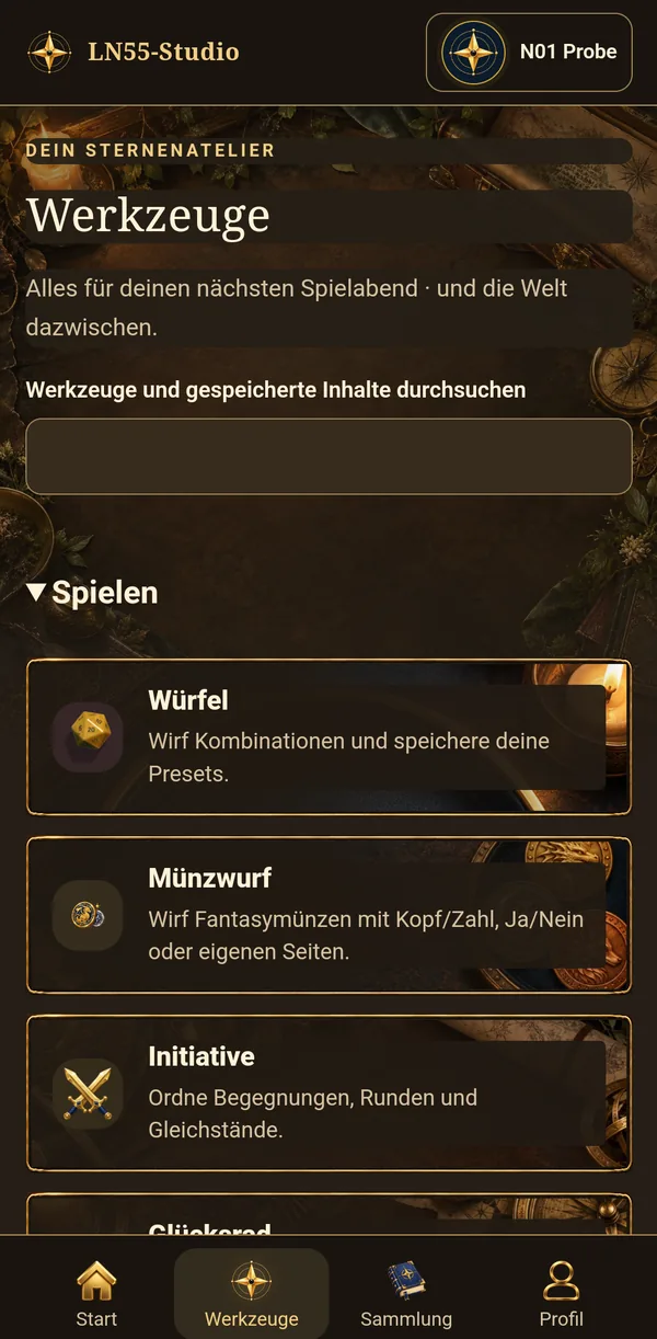 LuckyDayApp-Werkzeugliste mit Würfel, Münzwurf und Initiative