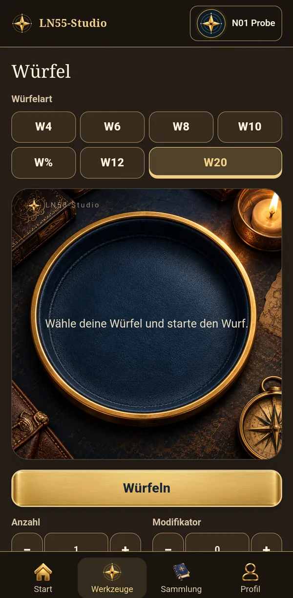 LuckyDayApp-Würfelwerkzeug mit Würfelarten W4 bis W20 und Würfelschale
