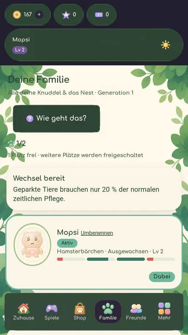 PeTTApp-Bildschirm Familie mit dem aktiven Pet Mopsi, einem Hamsterbärchen