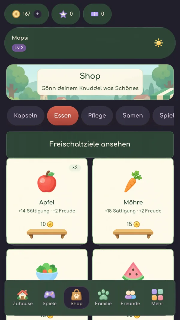 PeTTApp-Bildschirm Shop mit Essen wie Apfel und Möhre und ihren Münzpreisen