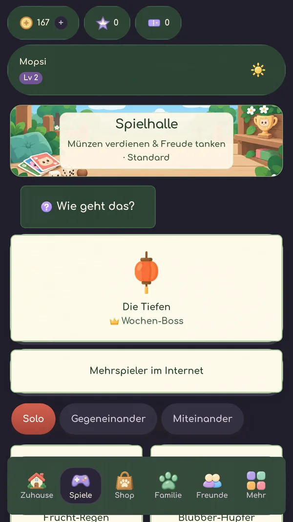 PeTTApp-Bildschirm Spielhalle mit Wochen-Boss, Mehrspieler im Internet und den Reitern Solo, Gegeneinander, Miteinander